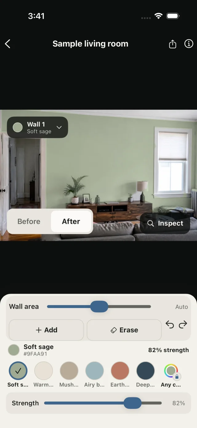 PaintTry iPhone editor showing a sage wall preview, before and after controls, Add and Erase tools, color choices and paint strength